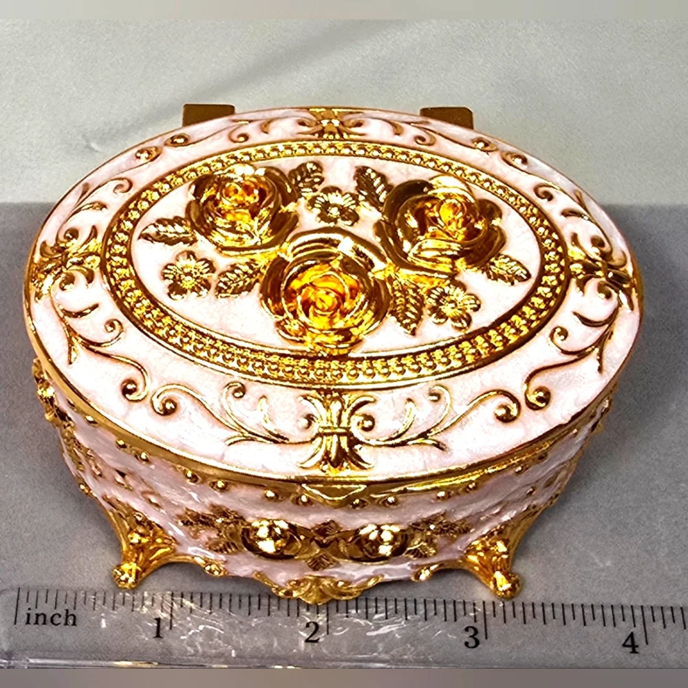 Pink and Gold European Style Vintage Enameled Trinket Box